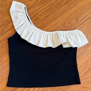 Elegant Black and White Ruffle One-Shoulder Top H&M large l